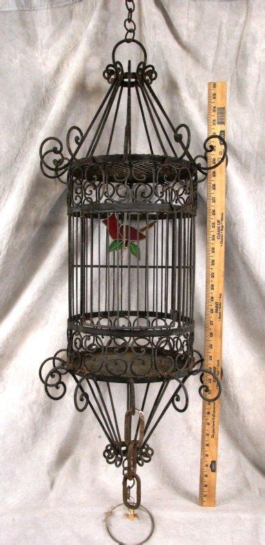 L213p Lot Of 2 Antique Ornate Hanging Wrought Iron Bird Cages Bird