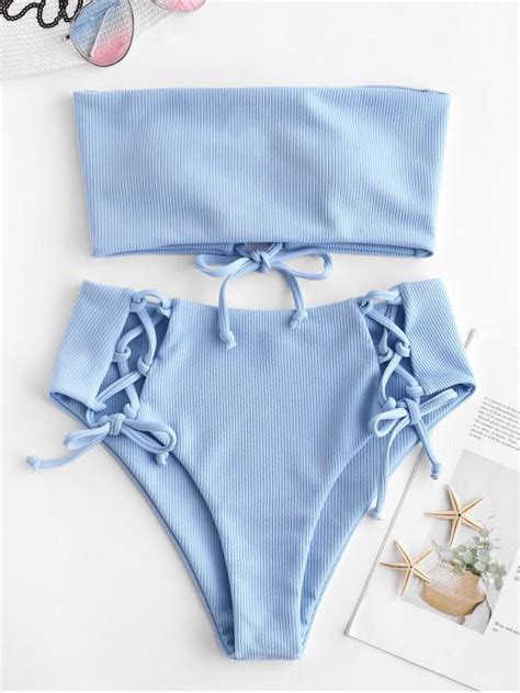 [54 off] 2021 zaful lace up ribbed strapless bikini set in day sky blue zaful
