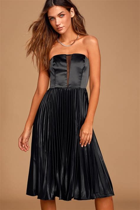 Black Dress Satin Dress Strapless Dress Pleated Midi Dress Lulus