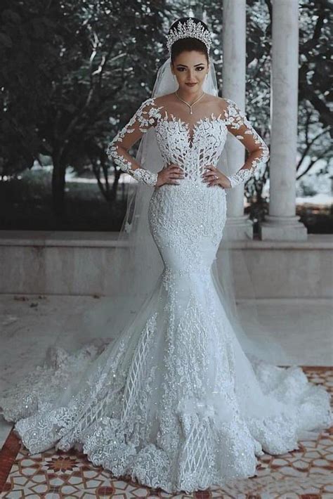 100% authentic & genuine guaranteed. Long Sleeve Lace Wedding Dress Mermaid Beads Lace ...