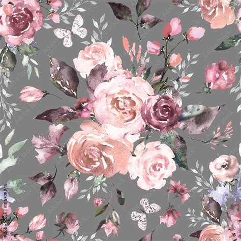 Seamless Pattern With Pink Flowers And Leaves On Gray Background