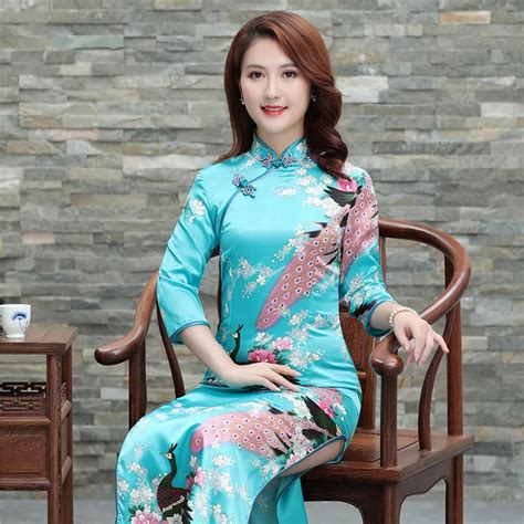 Vintage Chinese Women Satin Cheongsam Traditional Mandarin Collar Casual Dress Sexy High Split