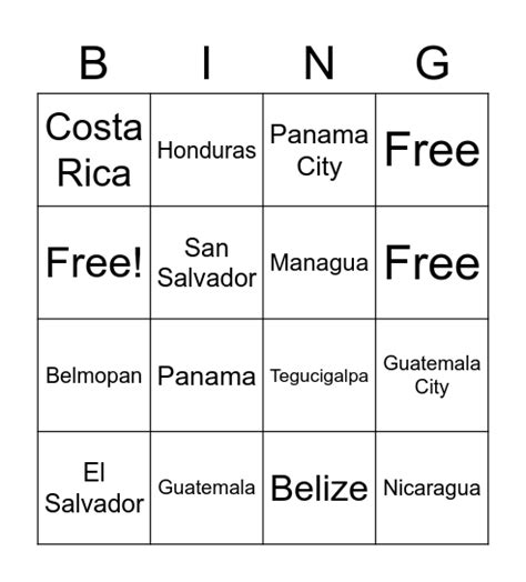 Capitals Of Central America Bingo Card