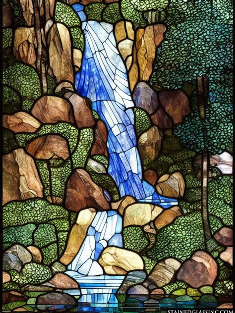 Rocky Cascade Waterfall Stained Glass Window