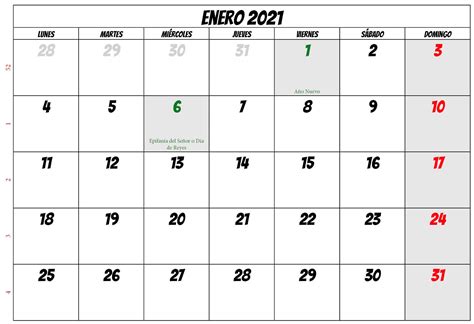 Plantilla Imprimible De Calendario Enero 2021