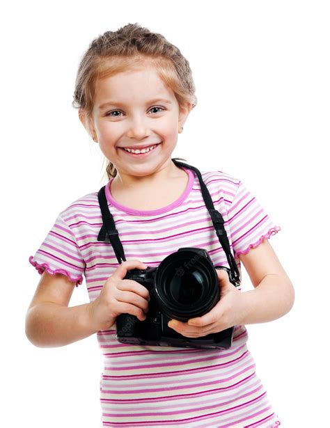 Premium Photo Pretty Smiling Little Girl Holding Camera Isolated On