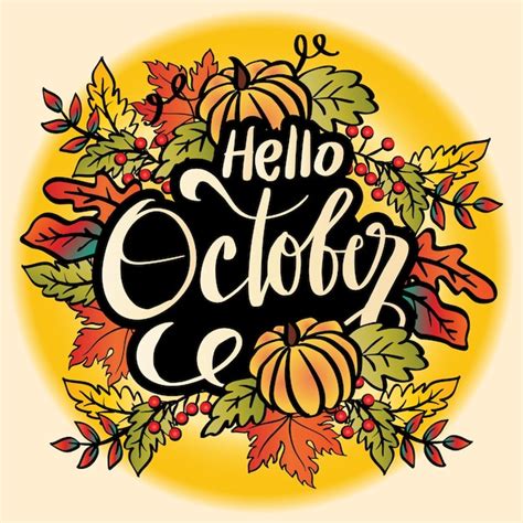 Premium Vector Hello October Hand Lettering Greeting Card Concept