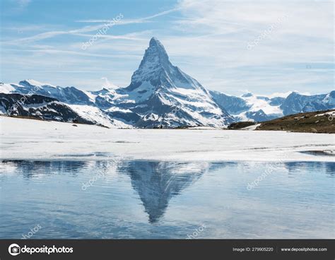 Matterhorn Mountain Reflection Melting Frozen Lake Zermatt Switzerland