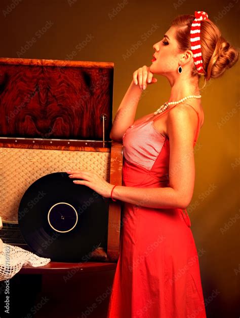 Retro Woman With Music Vinyl Record And Gramophone Pin Up Retro Female Style Girl Pin Up Style