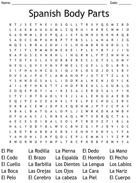 Spanish Body Parts Word Search Wordmint