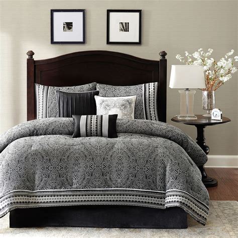 King Size 7 Piece Comforter Set With Damask Pattern In Black White Gray