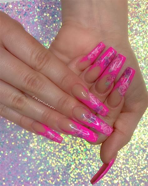 Staypolished91 Instagram Flower Nails Hot Pink Nails Pink Acrylic Nails