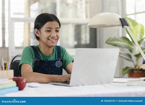 Happy Asian Girl Learning Online At Home Stock Image Image Of Distance Pupil 182429191