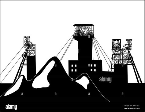 Vector Silhouette Illustration Of Industrial Coal Mining Slag Heaps And