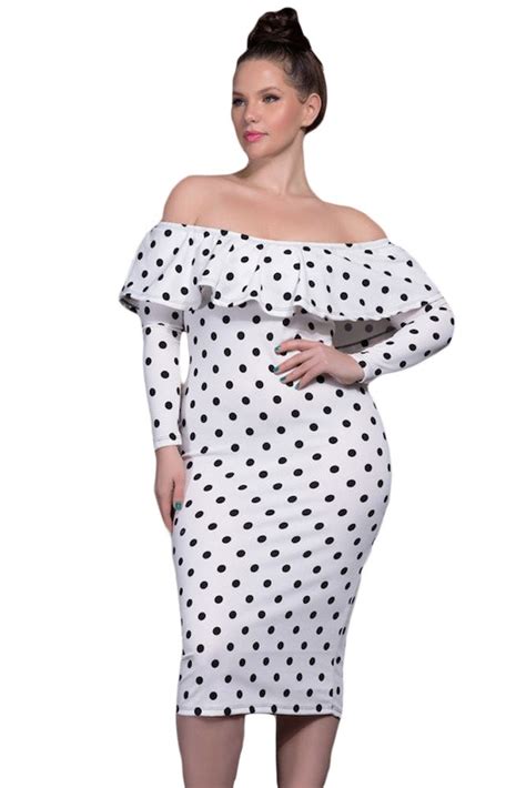 Plus Size Clothing 5x Polka Dot Off Shoulder Ruffle Dress Sexy Bodycon
