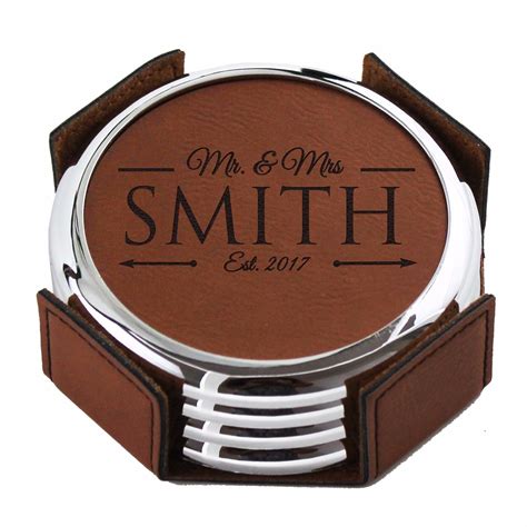 Custom Engraved Leather Drink Coasters Housewarming Round Coaster