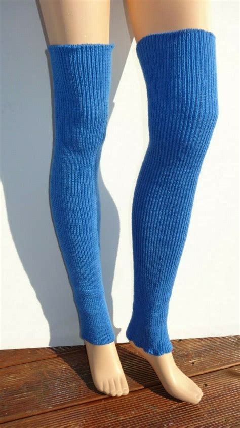 Handmade Long Merino Wool Blended Leg Warmers 29 In Blue One Size Leg