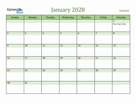 Fillable Holiday Calendar For Ireland January 2028