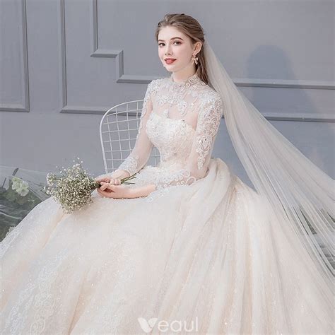 Luxury Gorgeous Champagne Wedding Dresses 2019 Ball Gown High Neck