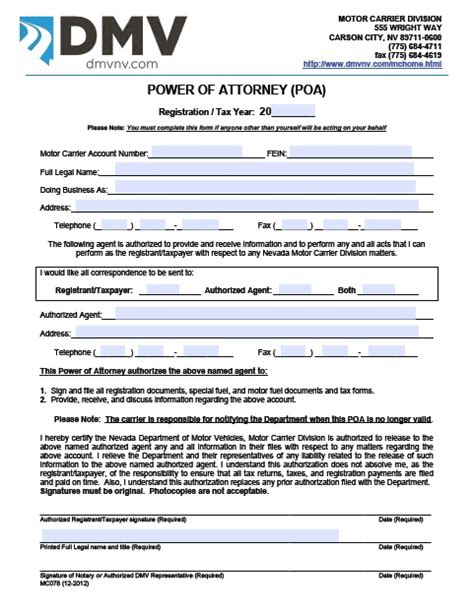 Nevada Vehicle Power Of Attorney Form Power Of Attorney Power Of