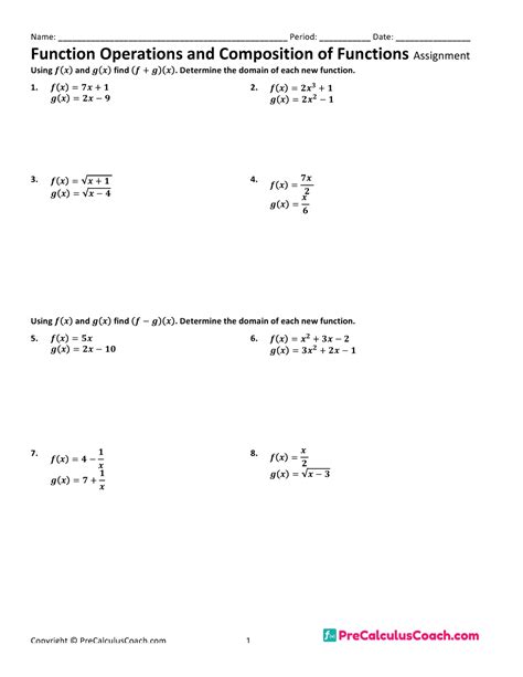 1 6 Assignment Function Operations And Composition Of Functions College