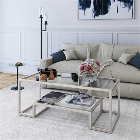 Geometric Modern Glass Coffee Table With Storage Shelf Rectangle Accent Table In Nickel For