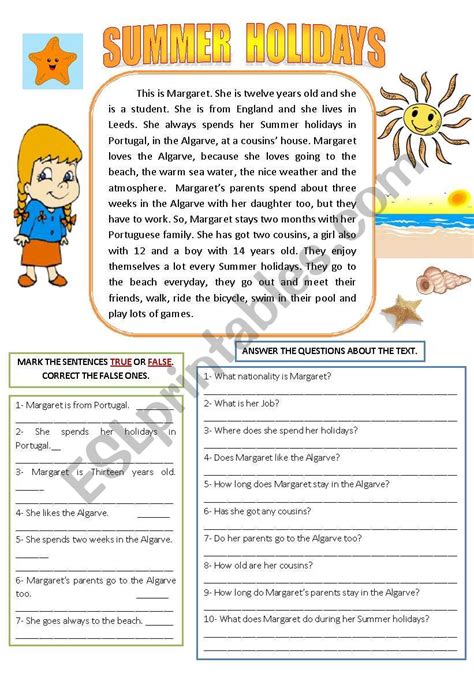 Summer Holidays Reading And Comprehension Esl Worksheet By Sandytita