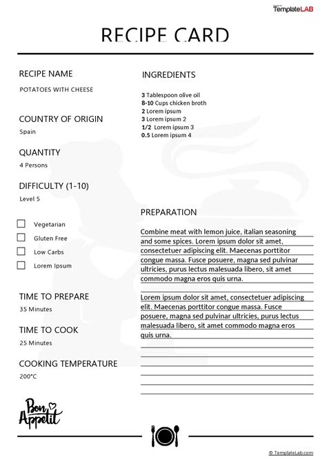Downloadable Recipe Card Template For Word
