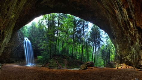 Waterfalls Near Trees And Cave During Day Nature Landscape Trees