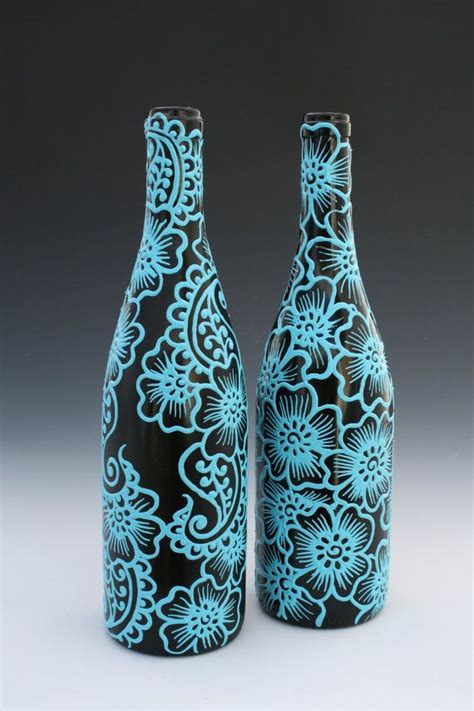 Hand Painted Wine Bottle Vase Black Bottle With Turquoise Etsy Hand