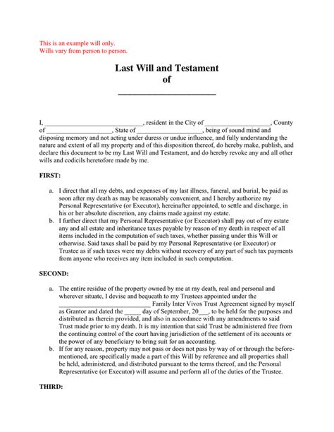 Last Will And Testament Sample In Word And Pdf Formats