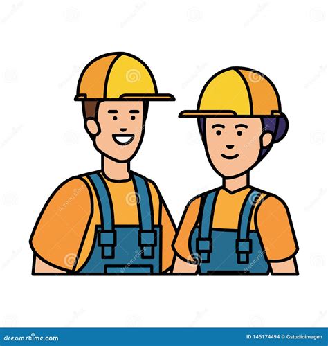 Couple Builders Workers With Helmets Vector Illustration