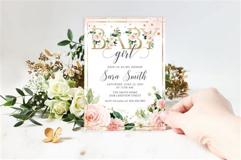 Editable Baby Girl Invitation Template Blush Floral Baby Girl Invite