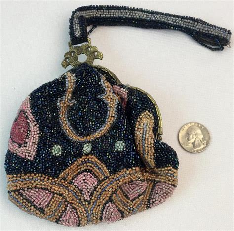 Lot Antique C 1900 Floral Beaded Purse W Ornate Top Closure And Long