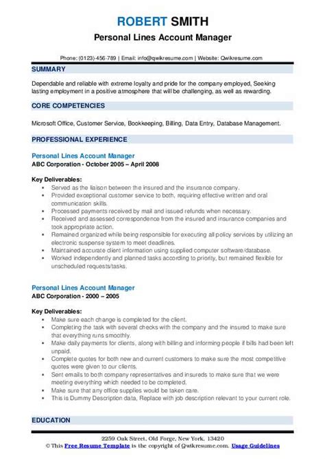 Personal lines insurance sales agent job summary: Personal Lines Account Manager Resume Samples | QwikResume