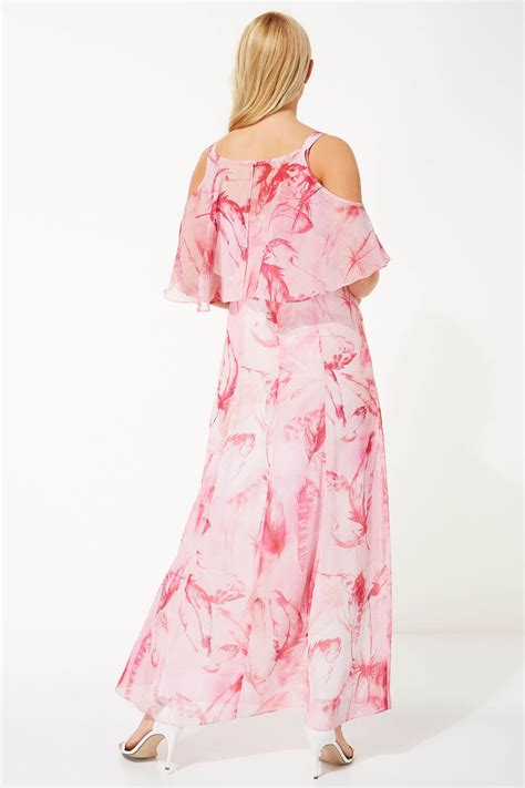 Feather Print Cold Shoulder Maxi Dress In Pink Roman Originals Uk