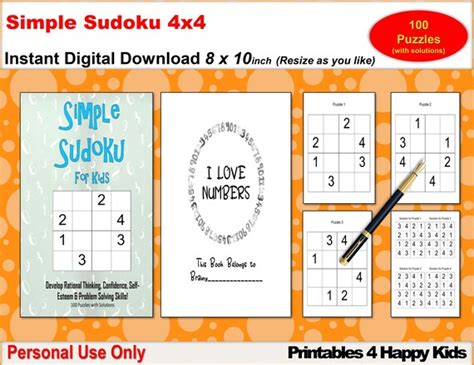 Sudoku For Kids Or Beginners Easy 4x4 Sudoku 100 Puzzles Etsy