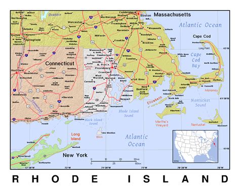 Detailed Map Of Rhode Island State With Relief Rhode Island State