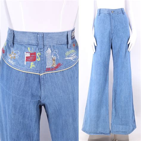 70s Custom Embroidered Bell Bottoms Jeans 32 Vintage 1970s Usa Ny Texas Stitched Hi Waist