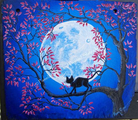 Cat In Tree With A Full Moon Hand Painted On Slate Please See My