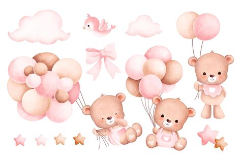 Conjunto De Ilustração Em Aquarela De Bebê Urso E Balões Vetor Premium