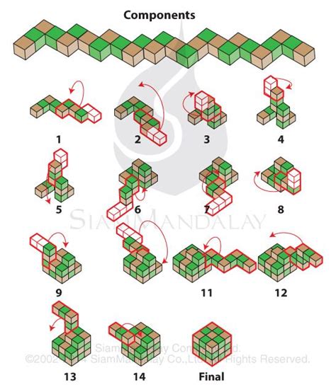 The goal of the puzzle is to arrange the chain in such a way that there will be a 3x3x3 cube. Version 2 of the Serpent Cube: The green leaf color is ...