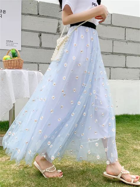 TIGENA 100cm Aesthetic Floral Print Maxi Tulle Skirt Women 2023 Spring