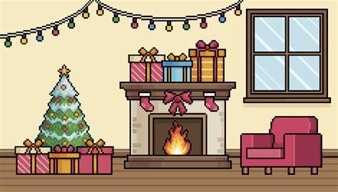 Pixel Art Living Room With Christmas Decoration With Fireplace