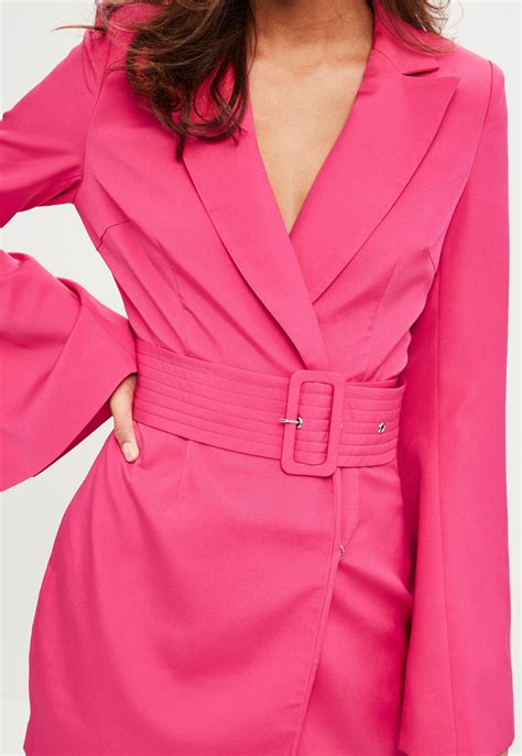 Missguided Synthetic Pink Belted Flared Sleeve Blazer Dress Lyst