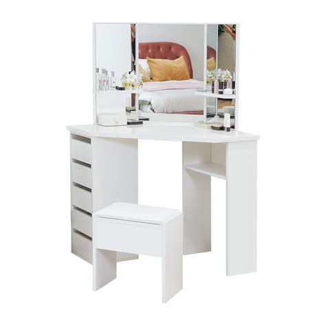Buy Clipop White Corner Dressing Table Set Modern Makeup Vanity Table With 3 Mirror And 5 Drawer