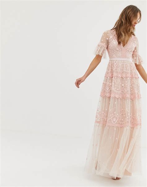 Needle Thread Embroidered Maxi Dress With Flutter Sleeve In Rose £390