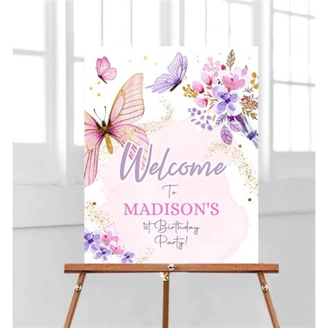 Editable Butterfly Welcome Sign Butterfly Birthday Party Butterfly Party Garden Girl Pink Gold