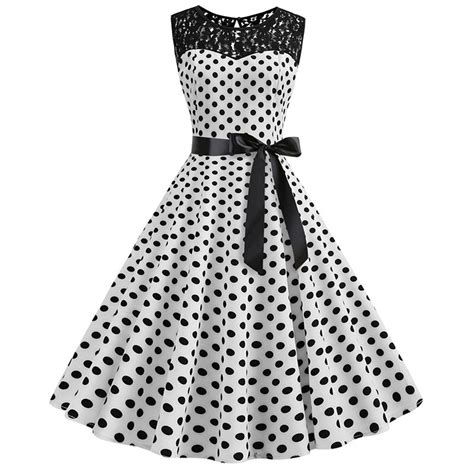 women white and black polka dot floral lace o neck sleeveless bow a line sexy elegant dresses
