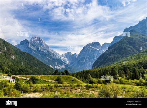 Panoramic View On Mangart Jalovec Mountain Massive In The Julian Alps